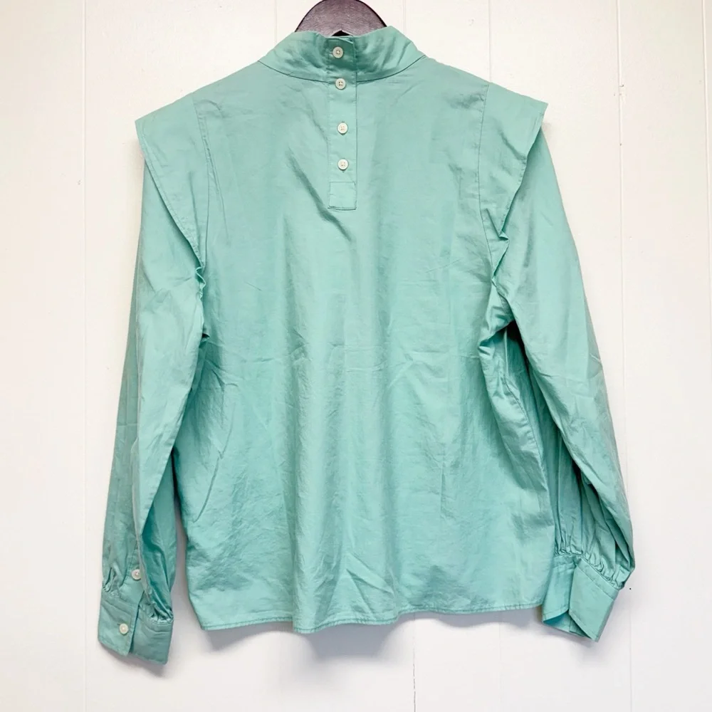 NWT EVERLANE The Wing Shoulder Mock Neck Ruffle Long Sleeve Blouse Green Size 8 - Picture 6 of 11